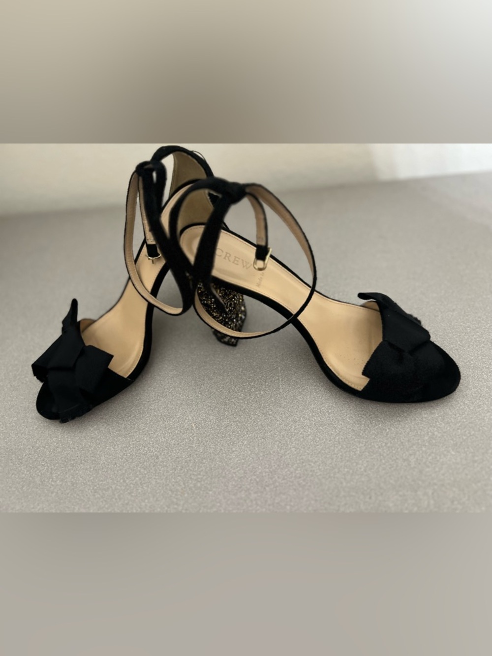 J. Crew Black Bow Ankle-Strap Sandals with Glitter Heel(Prom, Grad, Wedding)
